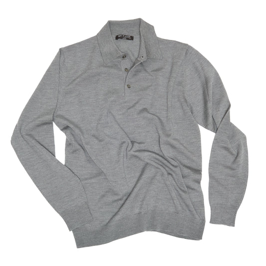 Grey Wool Long Sleeve Polo Shirt