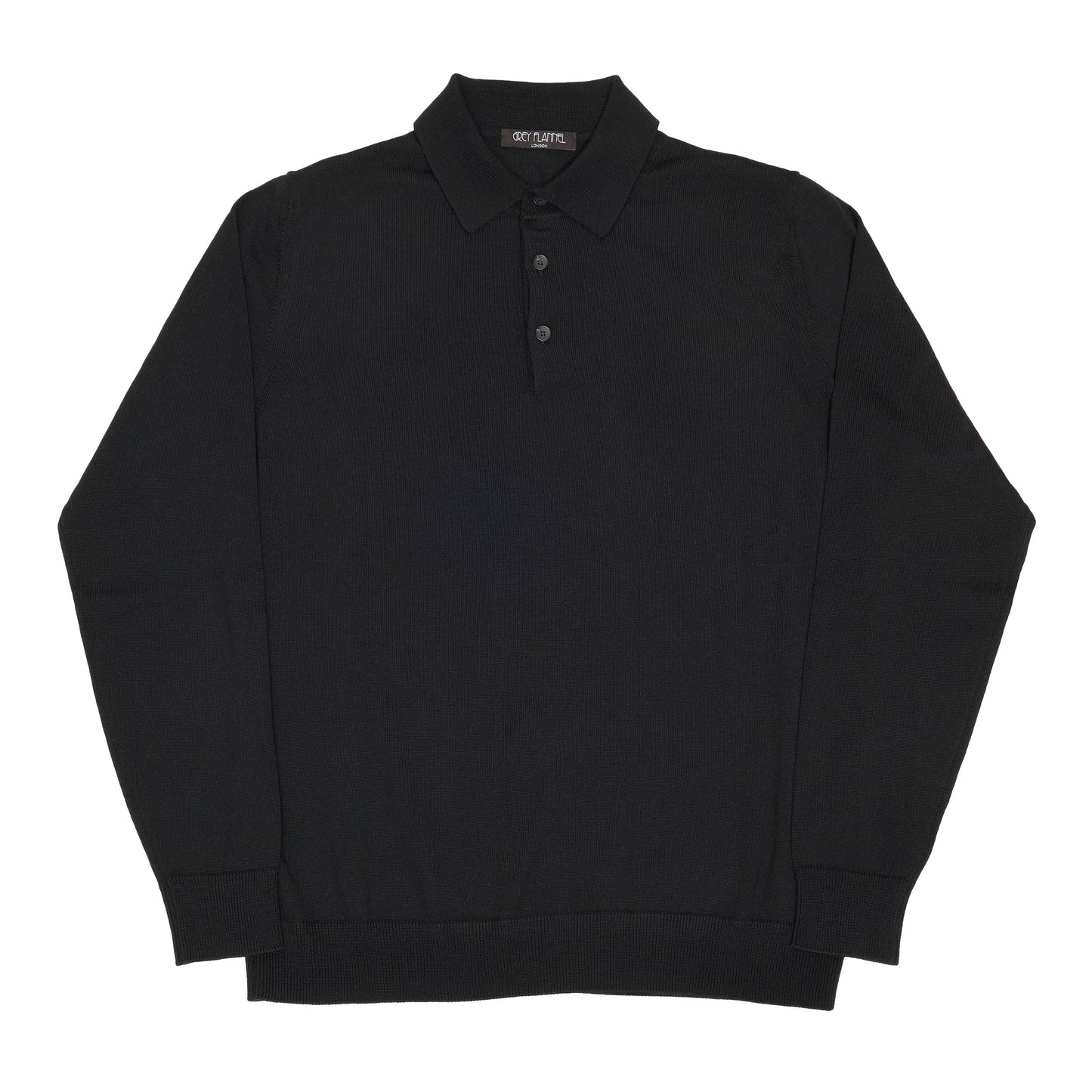 Black Wool Long Sleeve Polo Shirt