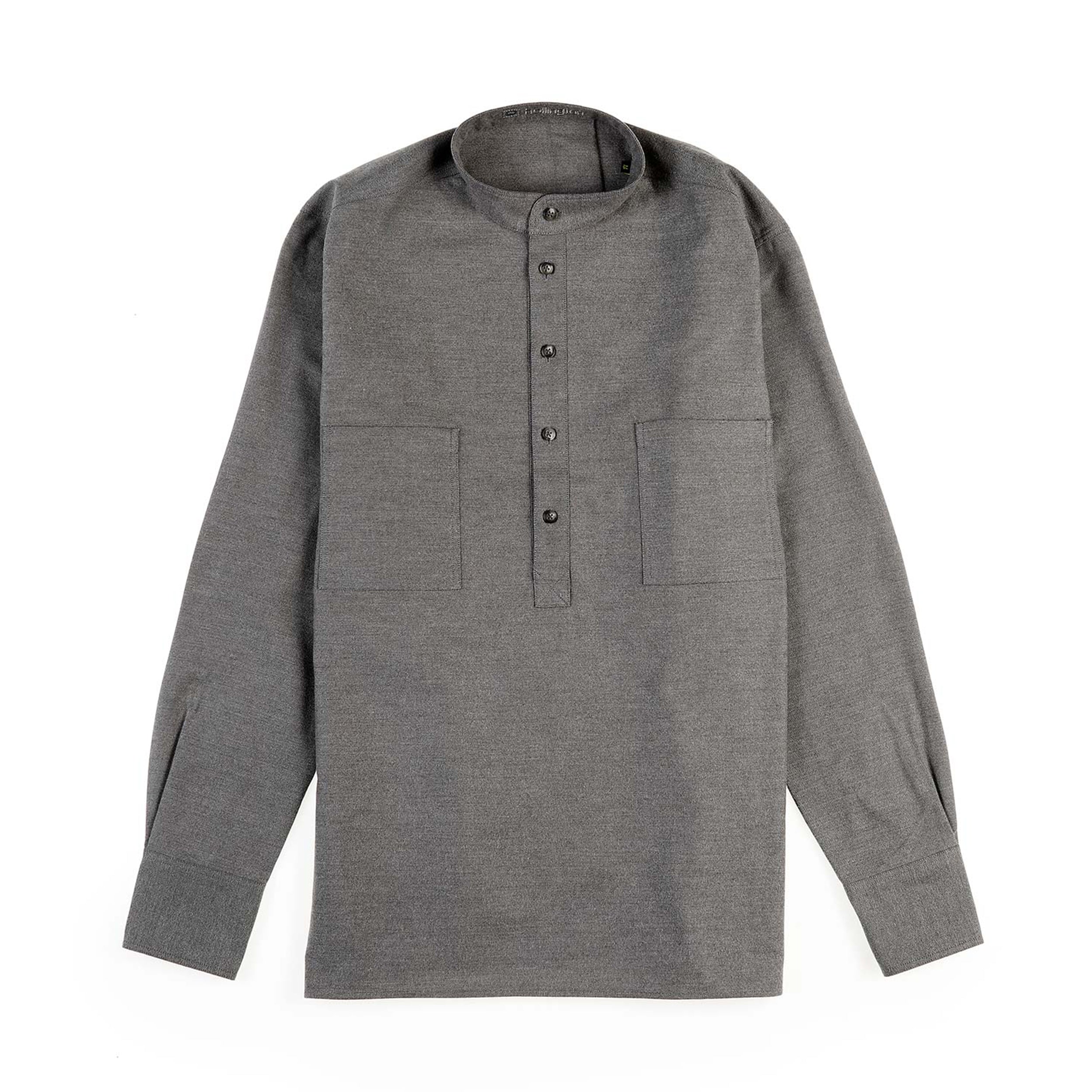 Hollington Earth Wool Band Collar Shirt Brown Grey Flannel