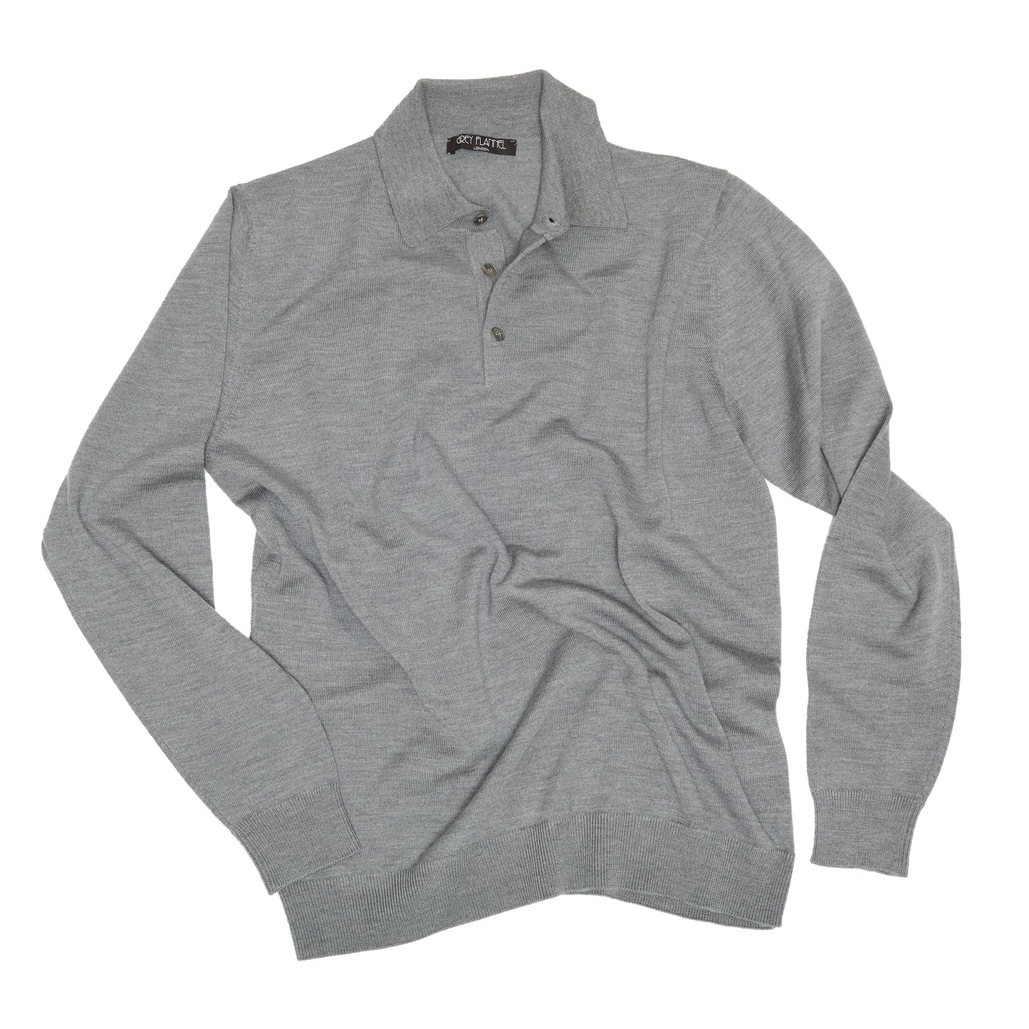 Grey Wool Long Sleeve Polo Shirt