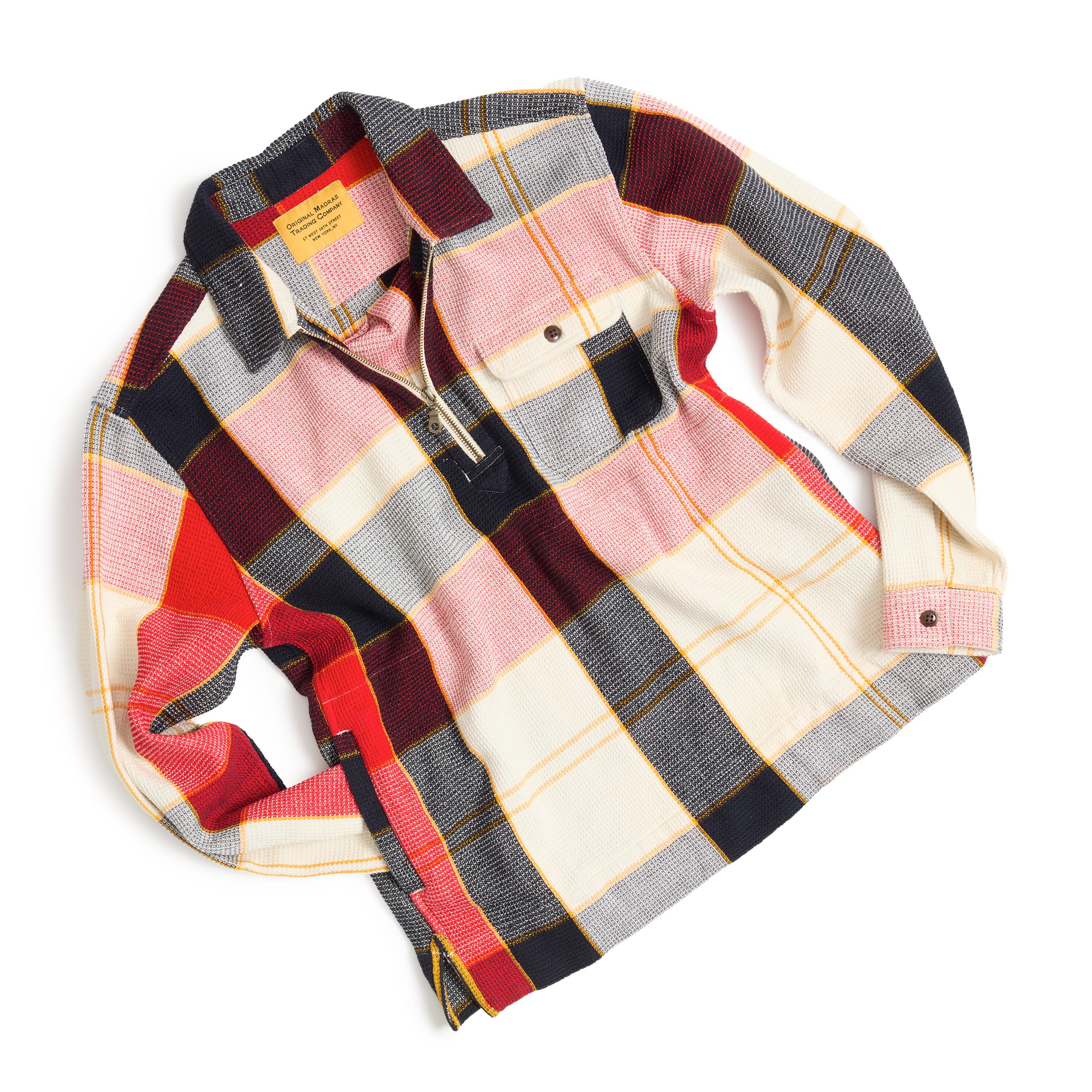 Navy Red Madras / N°180 Collared Half Zip L/S Shirt